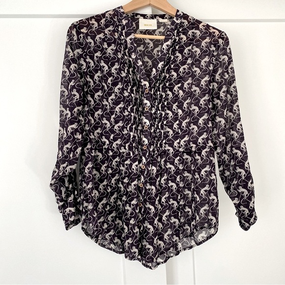 Maeve Anthropologie Purple Monkey Print Long Sleeve Button Up Blouse Size 4 - Picture 1 of 11